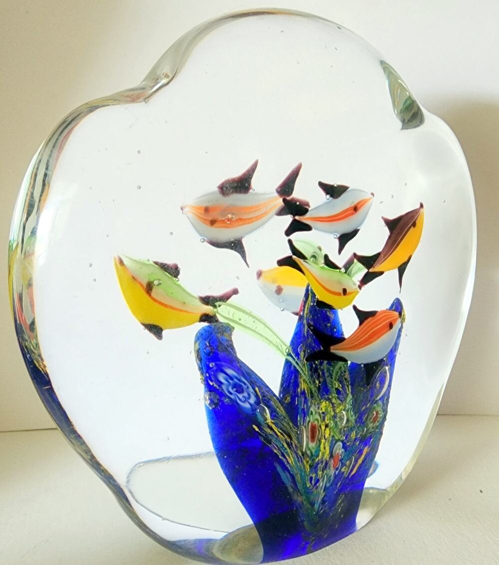 Vintage Blown Art Glass Fish Coral Paperweight Clam Scallop Coral Double Sided